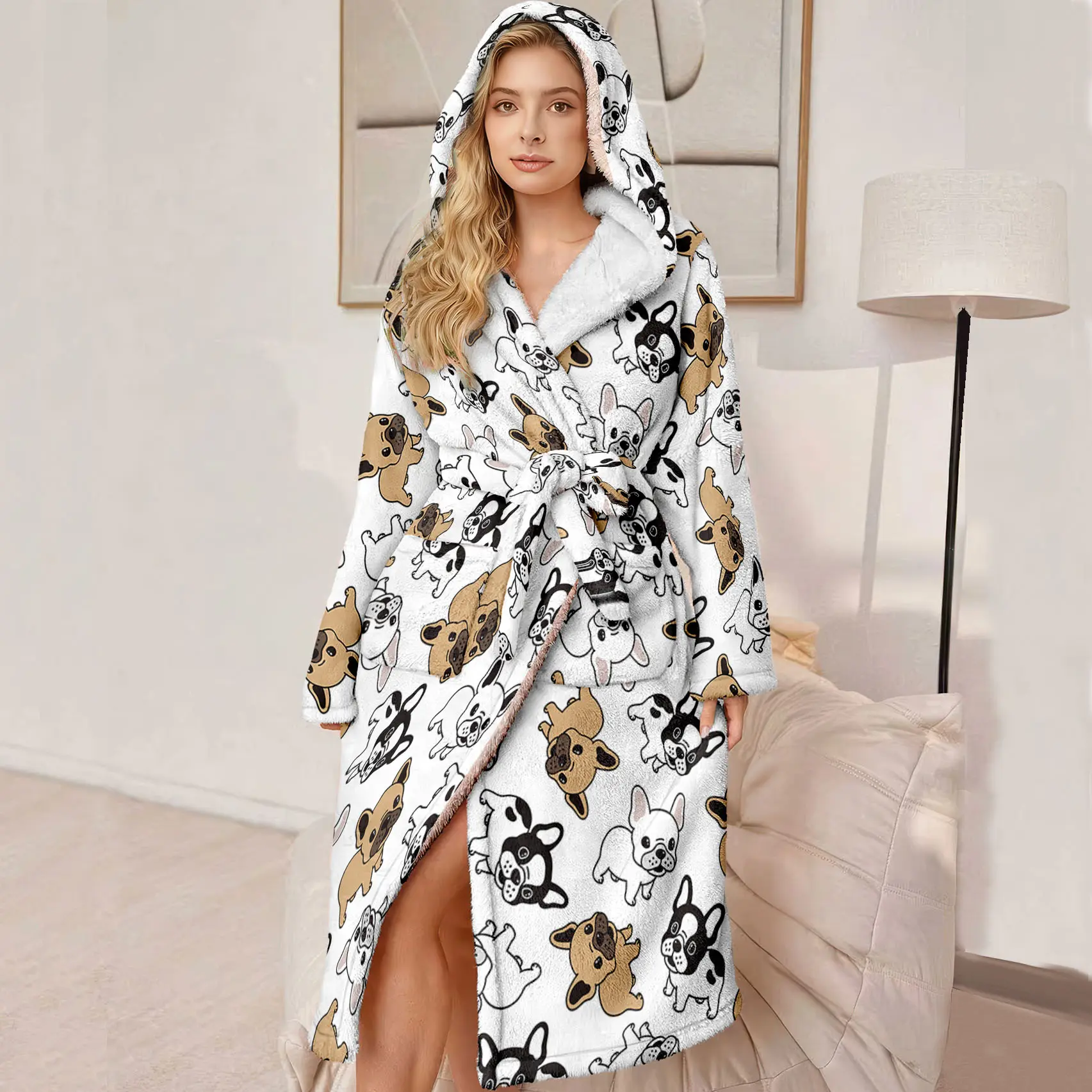 Plus Size Women's Hooded Luxury Bathrobe, Ultra-Comfortable Fleece Robe with Belt and Pockets, French Bulldog Pattern, Winter Gift