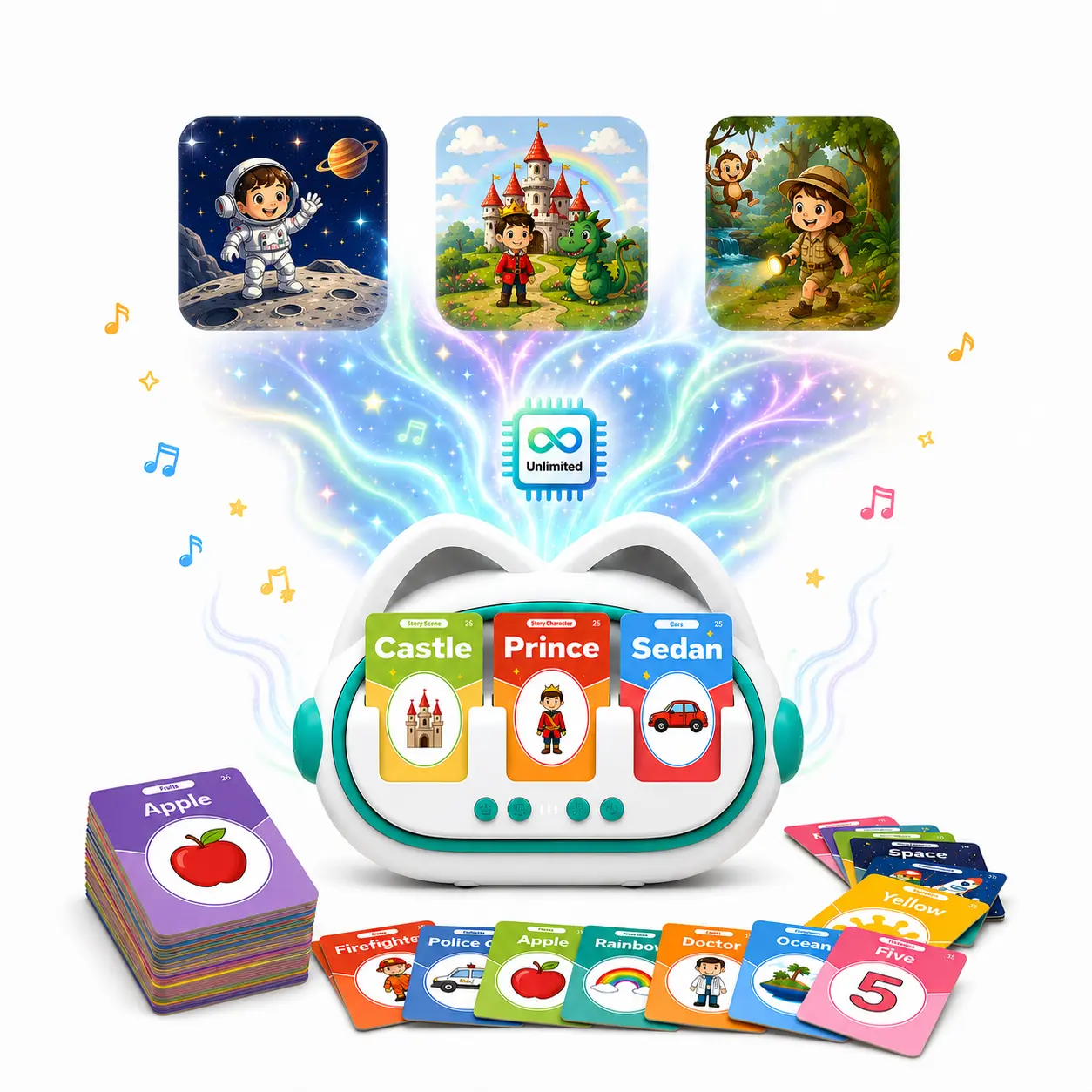 MOREXIMI AI Storytelling Toy for Toddlers - Battery-Powered Screen-Free Talking Flash Card Reader with 150 Cards, Adjustable Volume, Unlimited Stories, No Subscription, Preschool Activities, Build Vocabulary, Birthday Gift
