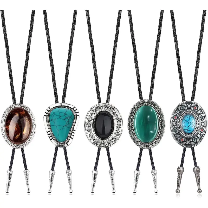 Fansilver 5-Count Handmade Adjustable Size Abstract Geometric Embellished Cowboy Bolo Tie for Men - Western Leather Necktie with Tie Design, Unisex Clothes Basic Daily Wear Fashion Costume Jewelry Accessory sohochic