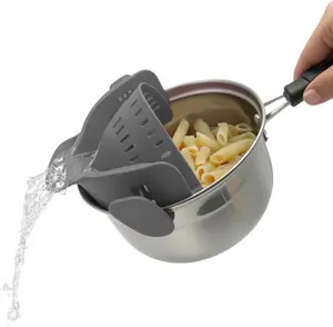 Clip On Strainer Silicone for All Pots and Pans, Pasta Strainer Clip on Food Strainer for Meat Vegetables Fruit Silicone  Colander (Gray)