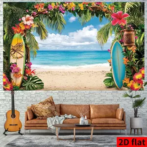1PC Polyester 2D Flat Tropical Beach Backdrop - Hawaiian-Style Surfboard & Flower Arch Seaview Photography Background, Reusable Ornaments for Birthday Party Decor, Indoor Wall Curtain Banners