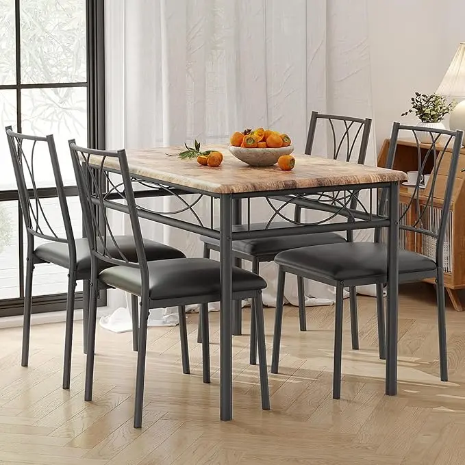 4-Person Compact Rectangle Dining Room Set - 43.3x27.6in Matte Black Metal Frame Table, 4 Ergonomic Wood Nesting Chairs, Rounded Edge Safe Small Kitchen/Apartment Set with Pre-Drilled Parts, Wipes Clean Fast