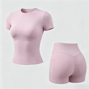 Soft Brushed Women's Sports Top & High Waist Shorts Two-Piece Set, breathable and quick-drying sport outfits. Perfect for yoga, gym, training and running. Summer women's sportswear, casual and versatile daily wear.