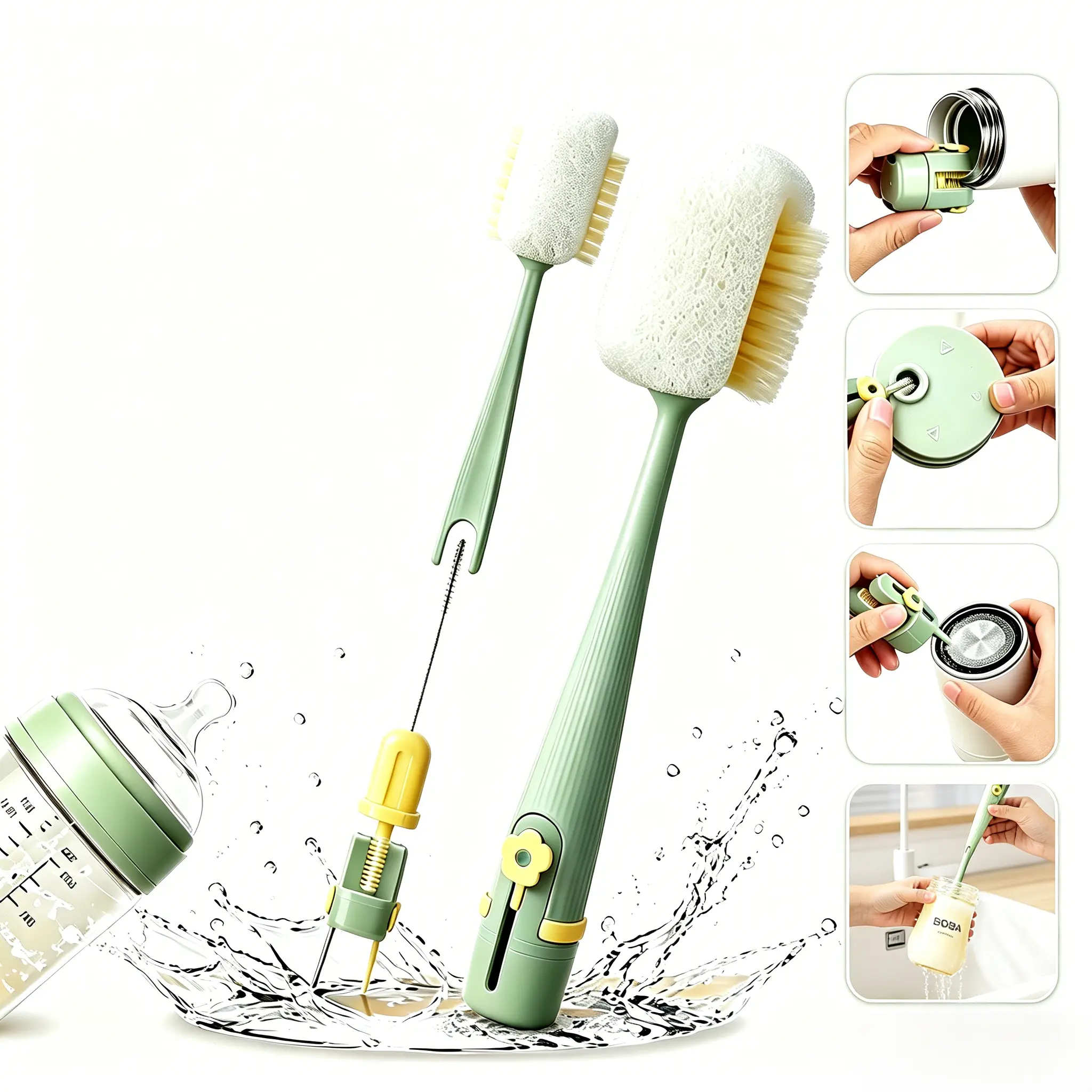 5-in-1 360° Rotatable Bottle Cleaning Kit, Sponge Cup Brush with Straw Cleaner, Multi-Functional Tool for Baby Bottles, Tumblers (Cream White/Jasmine Green)