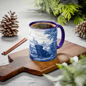 Pug Blue French Toile 11oz Accent Mug - Two Pugs Vintage Style Coffee Cup Gift for Dog Lover, Black Pug Brindle Fawn, Castle Toile de Jouy Tea Cup