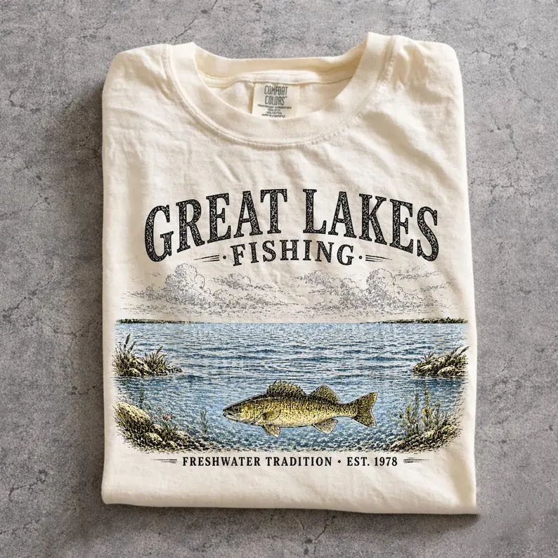 Comfort Colors Vintage Great Lakes Fishing TShirt, Retro 90s Freshwater Tradition Graphic Tee, Artistic Walleye Nature Tee, Fisherman Gift