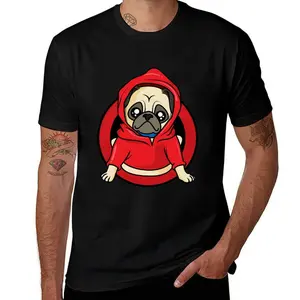 Kawaii Pug Wearing Red Hoodie Graphic Tee - Trendy Cartoon Dog Lover T-Shirt - US Local Delivery