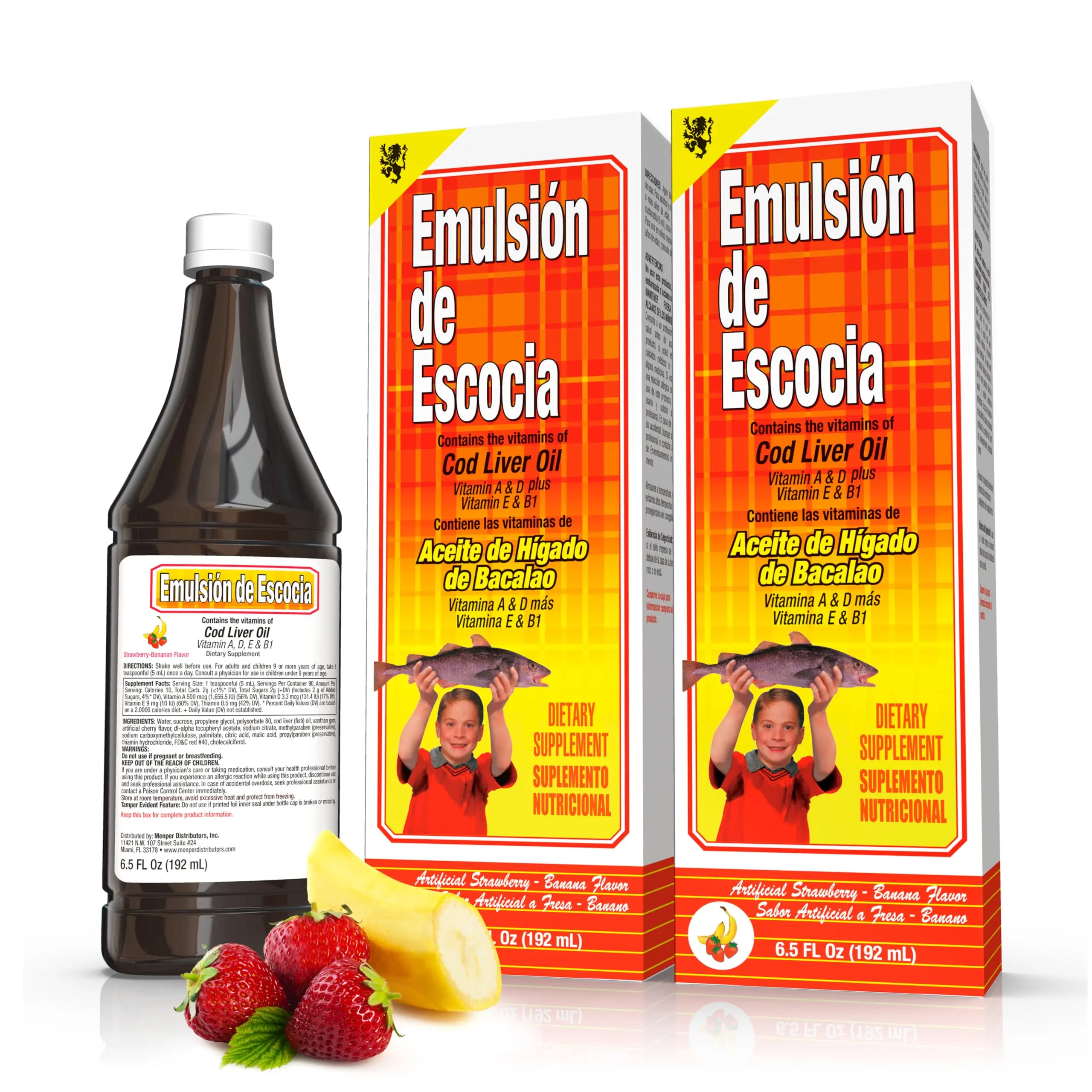Emulsion de Escocia Children's Edible Natural Cod Liver Oil Liquid Dietary Supplement - Strawberry Banana Flavor, 6.5 oz, Deep Ocean Sourced Optimum Daily Vitamin for Eye & Brain Healthcare Support