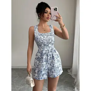 Women'S Sleeveless V-Neck Jumpsuit with Floral Print - High-Waisted, Lace-Up Detail, White & Brown, Perfect for Summer, Casual to Dressy Outfits, Casual Summer Wear |   Floral Print Jumpsuit |   Laceup Detailing, Jumpsuit for Summer