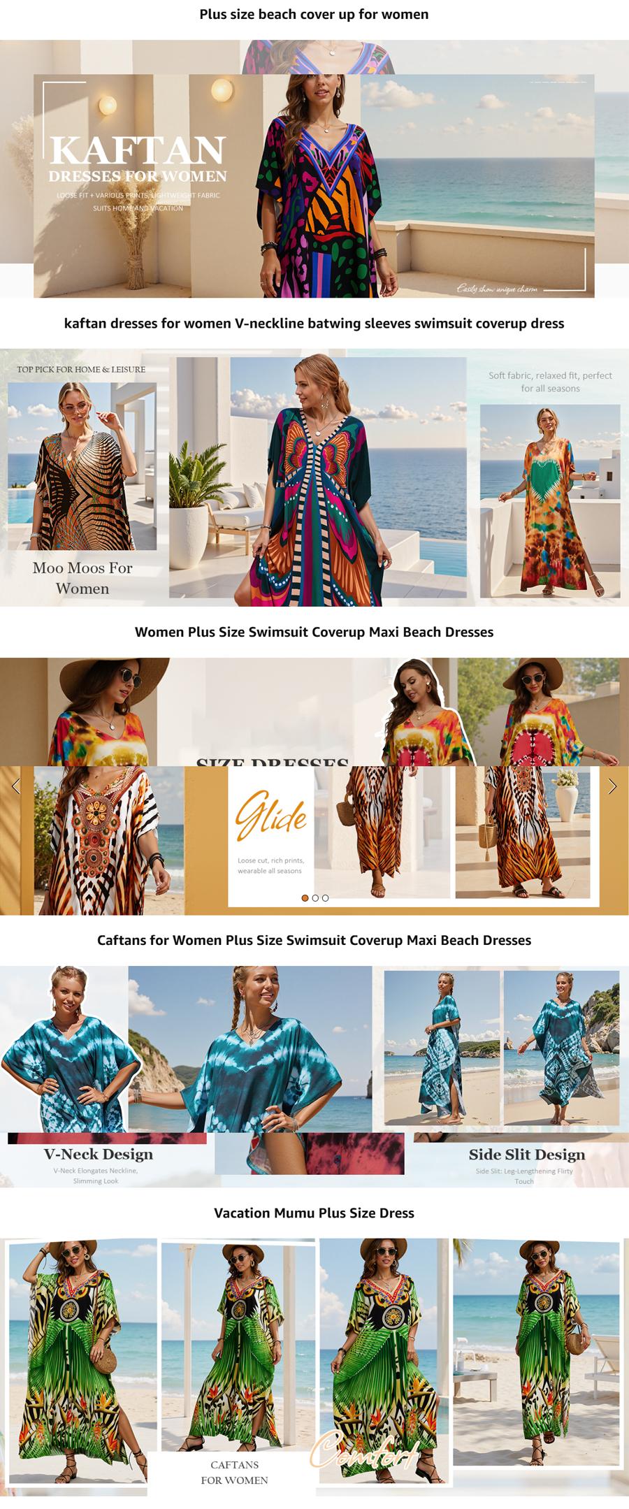 Women  Plus Size Mumu Dresses for Women - Boho Batwing Sleeve Caftan with Side Slits, Long Moo Moo Nightgown & Beach Cover Up - Colorful Feather Summer Womenswear