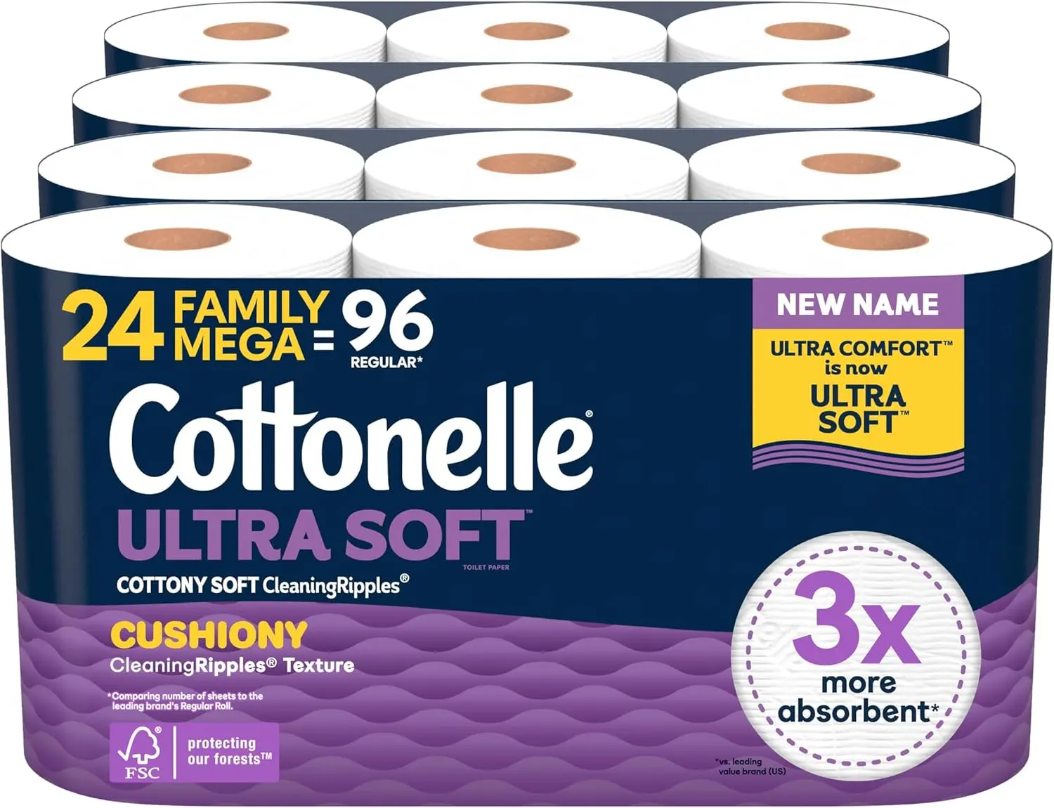 Cottonelle Ultra Soft Toilet Paper with Cushiony CleaningRipples Texture, 24 Family Mega Rolls Equals 108 Regular Rolls, Soft Strong Septic Safe Bath Tissue for Home and Family Use, Pack of 4 with 6 Rolls Each