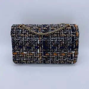 Pre-owned CHANEL 2.55 Small Bag in Coarse Tweed Wool Knit with Gold Hardware and Chain