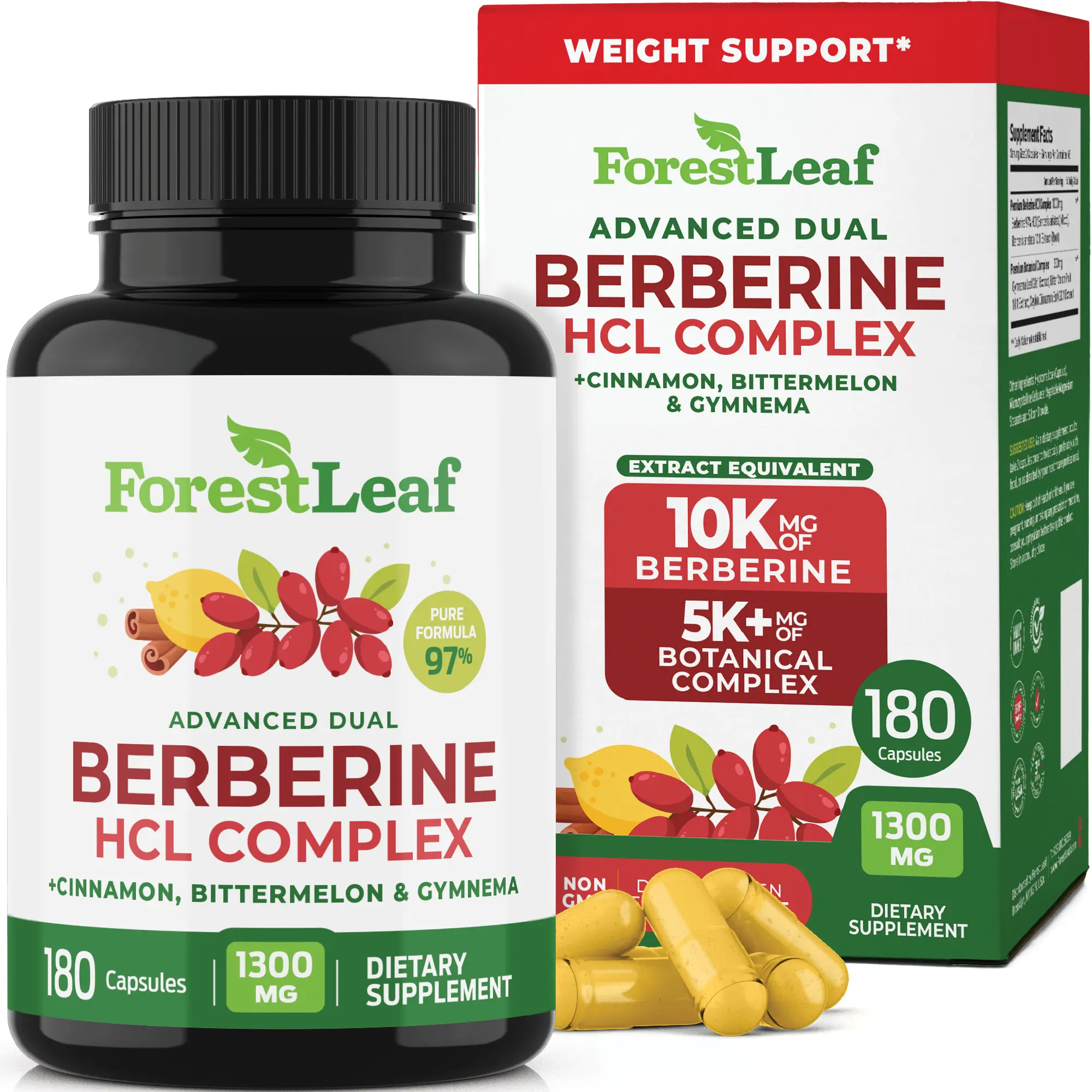 ForestLeaf Advanced Dual Berberine HCl 1300mg- 97% Tested Ultra Potency with Ceylon Cinnamon, Bitter Melon & Gymnema - 10:1 Extract Barberry-180 Count