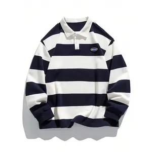 Men Striped Print Letter Patched Polo Neck Sweatshirt