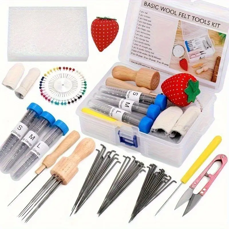 1set Felting Needles, Complete Needle Felting Kit, Needle Felting Supplies with 8-Needle Felting Tool, 36/38/40 Gauge Felting Needles, Sewing Pins, Foam Mat, Scissors for Beginner Professional Crafts