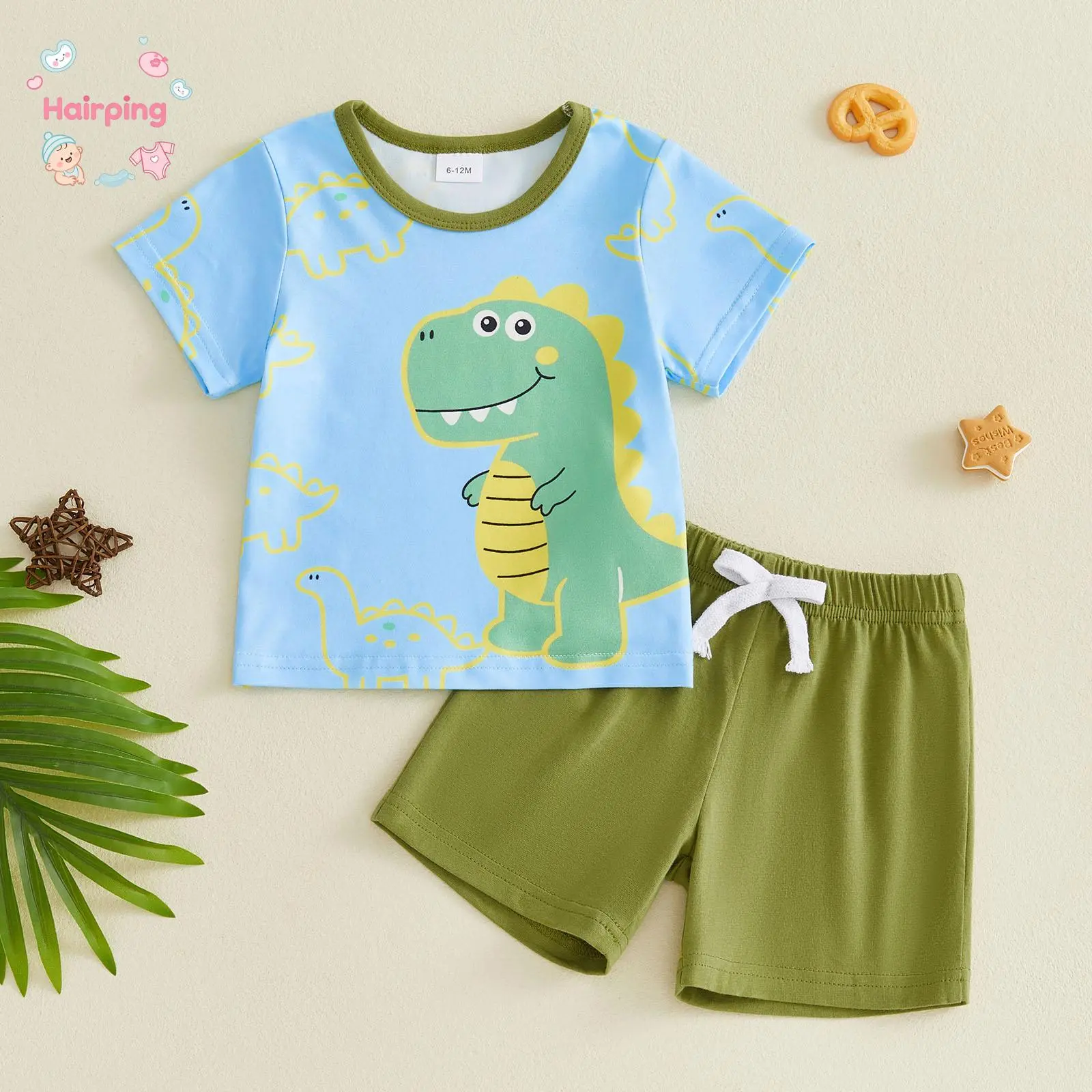 Baby Boy Dinosaur Outfit Set, 2PCS Short Sleeve Cartoon Dino Print T-Shirt + Elastic Waist Shorts, Soft Breathable Summer Clothes for Infant & Toddler, Ideal for Daily Wear & Playtime