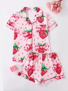 Women's Two-Piece Pajama Set Loungewear, Casual Comfortable Fitted Short Sleeve Shirt & Elastic Waist Shorts, All-Over Strawberry Print Sleepwear