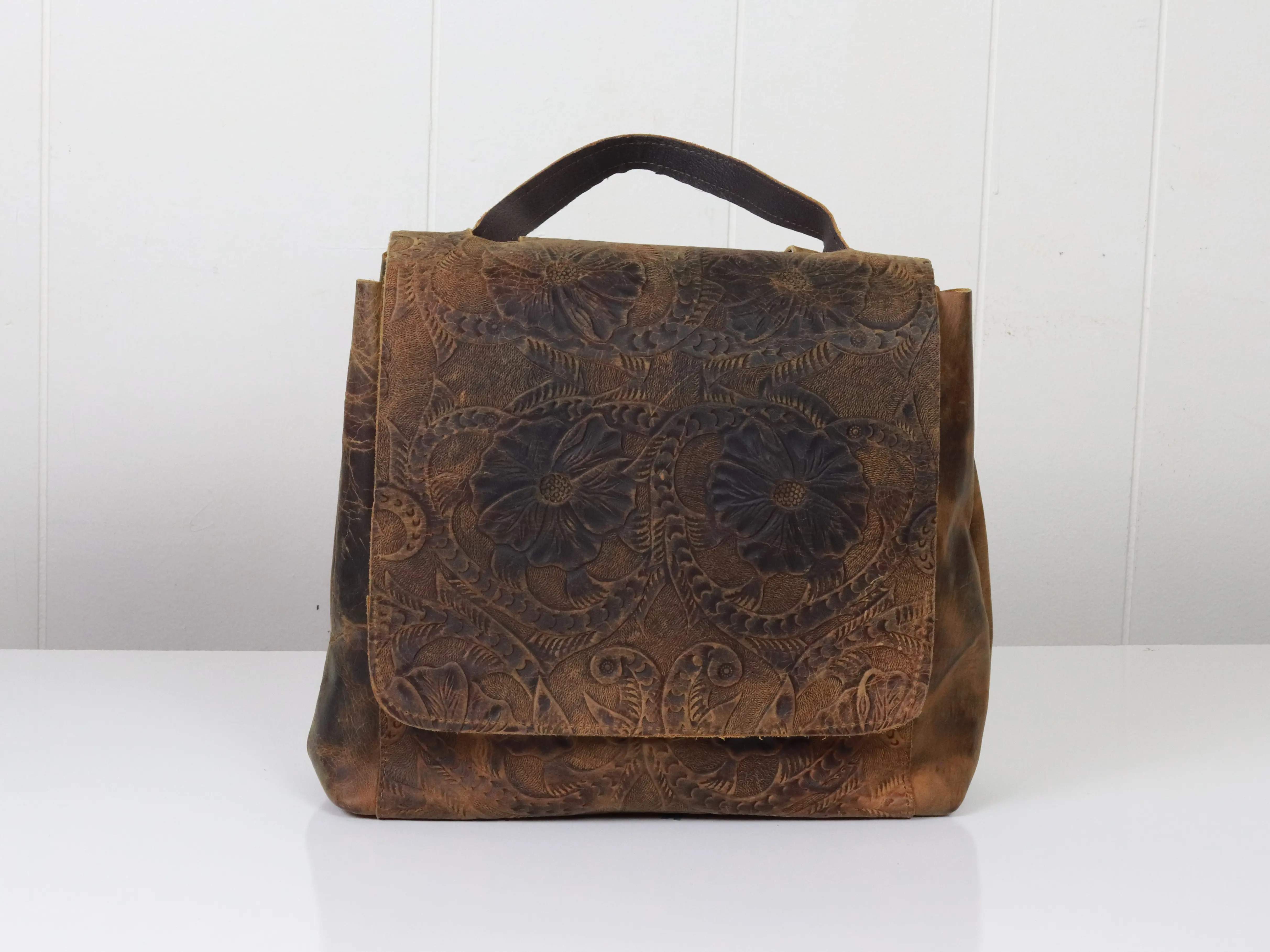 Women's Genuine Brown Leather Embossed Backpack