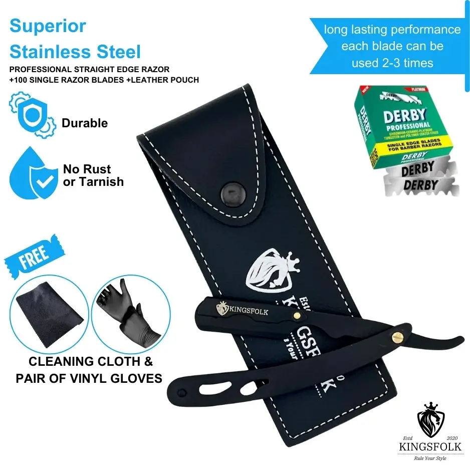 KINGSFOLK Stainless Steel Straight Edge Safety Razor for Men - 100 Single Blades, Comfort Leather Pouch, Traditional Handle - Barber Manual Beard Shaver, Safety Razors for Shaving