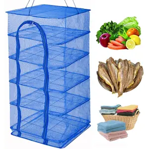 6 Layers Folding Fish Mesh Drying Rack Foldable Nylon Hanging Drying Net with Zipper Opening Blue for Shrimp Fish Fruit Vegetables Herb 37.4X19.6X19.6 in