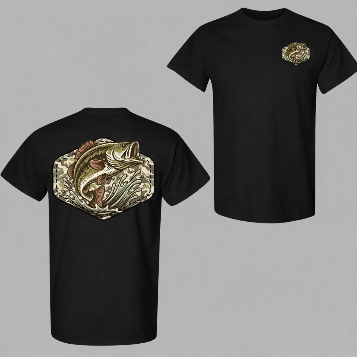 Bass Fishing T-Shirt - Largemouth Bass Leaping From Water Over Camo Badge With Matching Chest Artwork , Men's Bass Fishing Tee , Angler Outdoor Shirt , Lake Weekend Apparel , Fishing Trip Outfit , Gift For Bass Fishermen And Freshwater Fishing Lovers Tops