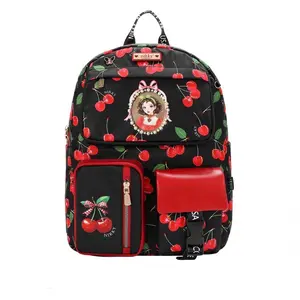 Nikky Cherry Illustrated Multi-Pocket Backpack with Front Zip Pouches Featuring Cityscape Design and Gingham Pattern