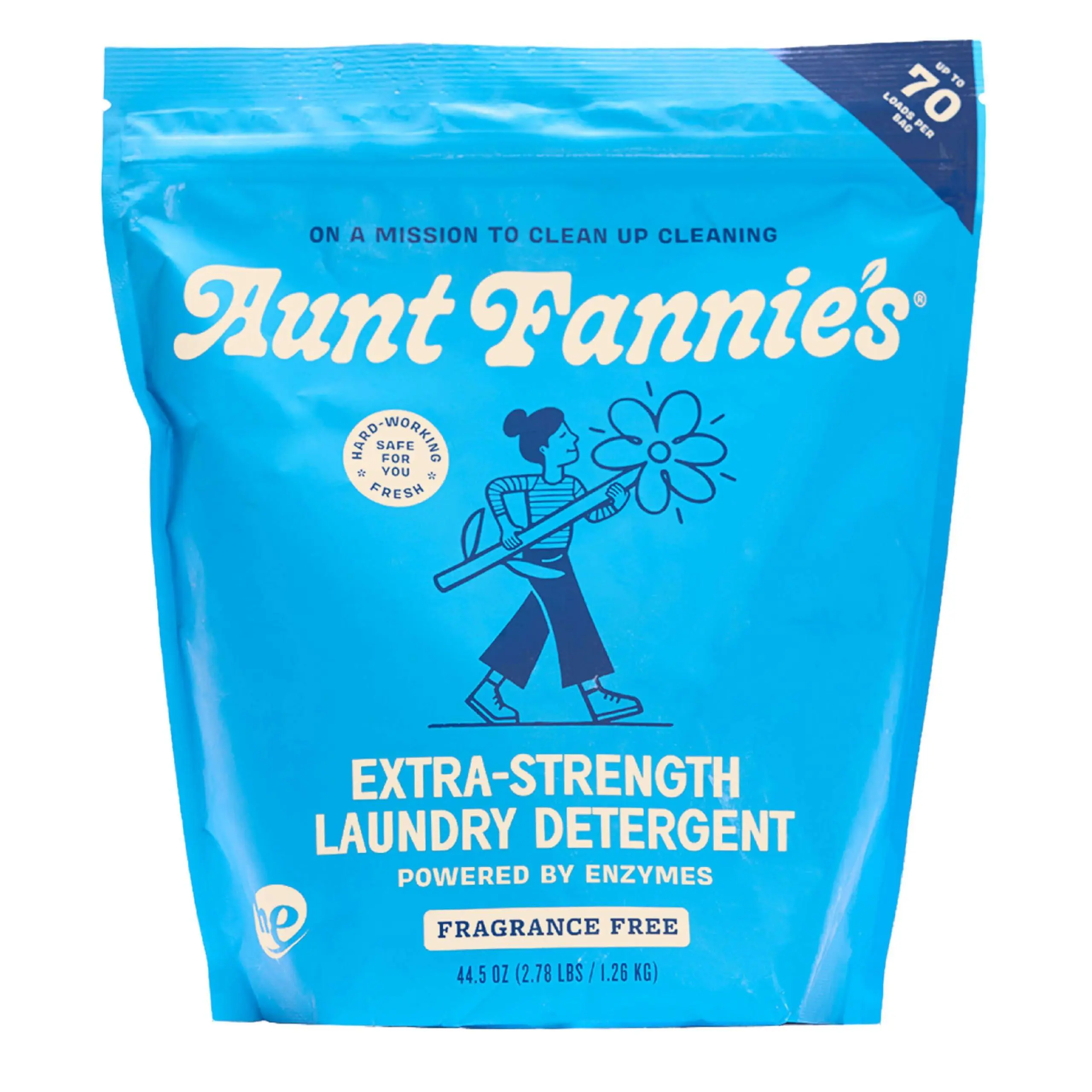 Aunt Fannie's Extra Strength Powder Laundry Detergent, Stain Fighting, Plant Based, Natural Ingredients, 70 Loads Per Bag, Fragrance Free, 44 Oz