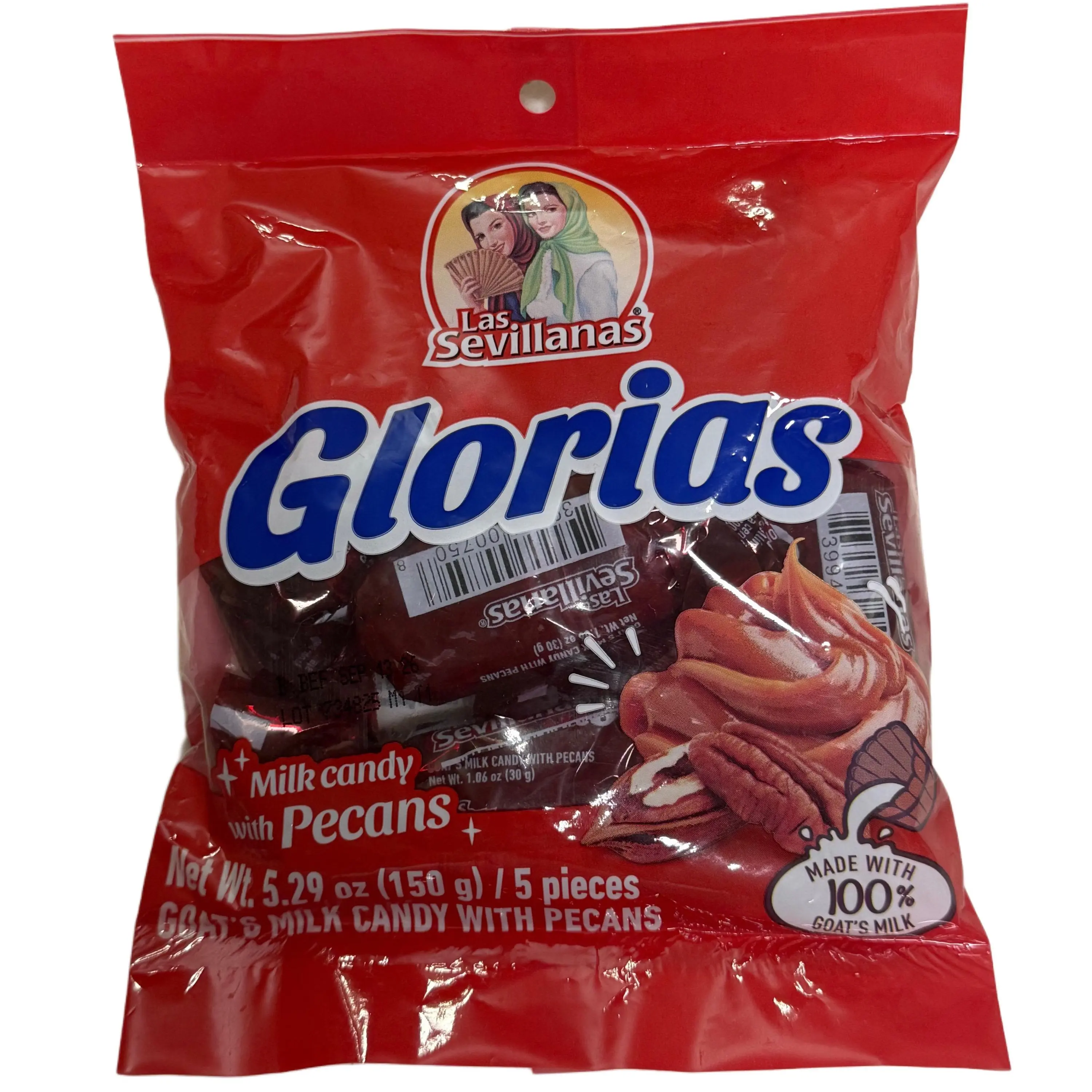 Las Sevillanas Glorias Goat Milk Candy with Pecans – 5.29 oz (150 g) – 5 Pieces – Mexican Milk Candy Bag