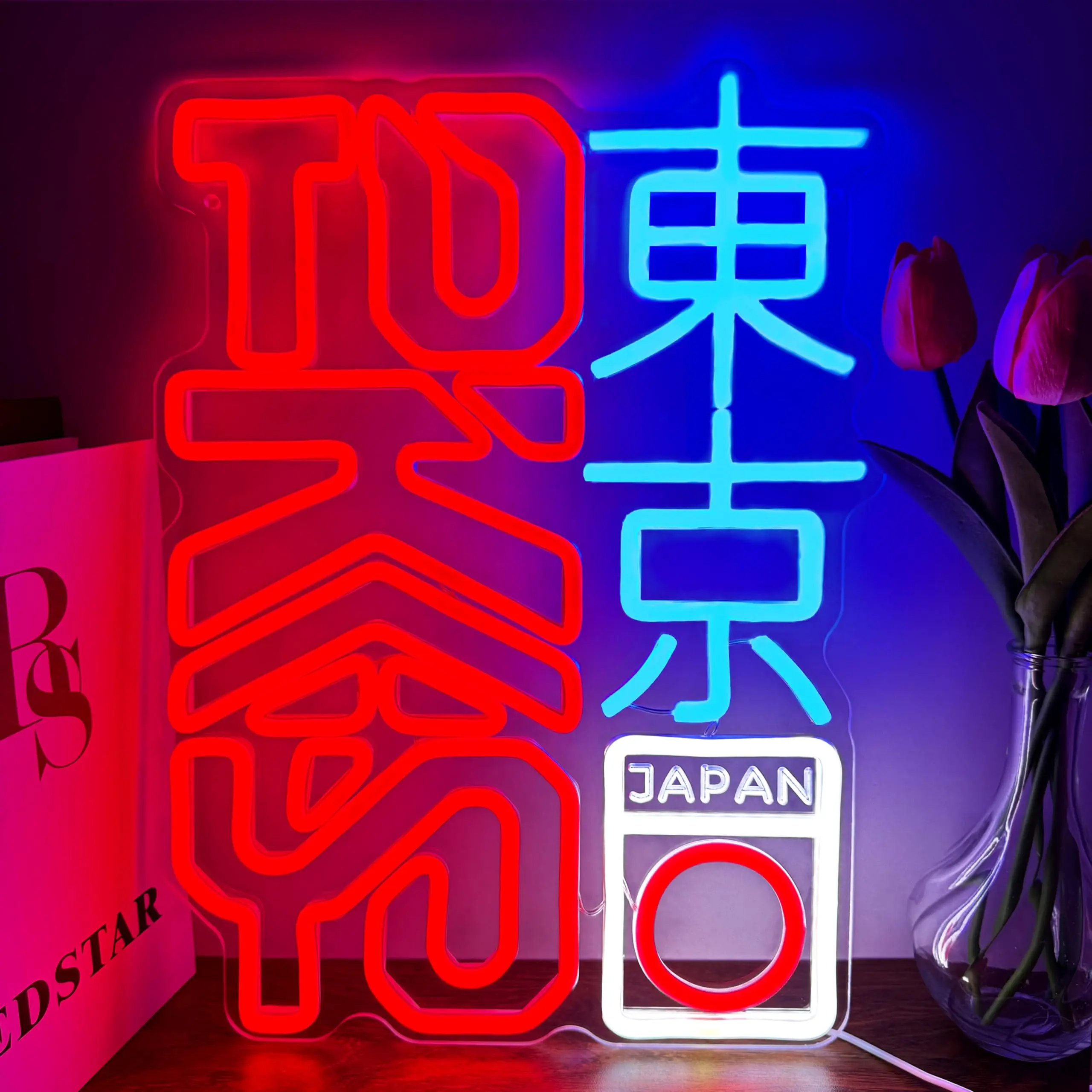 Dimmable Tokyo Neon Sign - Japanese Kanji Colorful LED Ambiance Lighting, 11.81"x16.14" Hanging Home Accessory, Cool Lights for Bedroom Wall Decor, Bar Pub Party Light