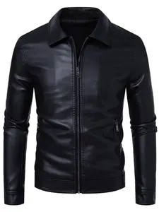 Men's Solid Color Zip Up Faux Leather Jacket, Coats, Slim Casual Comfy Long Sleeve Outerwear for Daily Wear, Men's Clothing for All Seasons