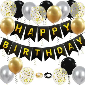 Happy Birthday Banner, Black Gold Birthday Decoration, 16 Pcs 12in Balloons with 2 Ribbons for Men Women Girls and Boys Party Decoration
