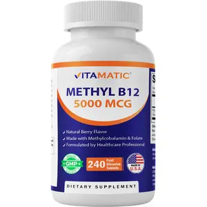 Vitamatic Methyl B12 5000 mcg Dietary Tablets - Natural Berry Flavor, 240 Fast Dissolve, Methylated with Methylcobalamin & Folic Acid for Energy & Nervous Support, GMO-Free, USA-Made, Vegetarian Water-Soluble Vitamins Supplements, Edible, Healthcare