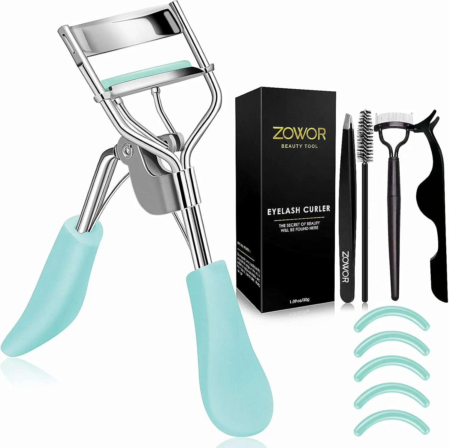 Zowor Eyelash Curler with Comb and Brush - Curved Design for All Eye Shapes - 5PCS Silicone Refill Pads - Natural Long Lasting Effect for Women
