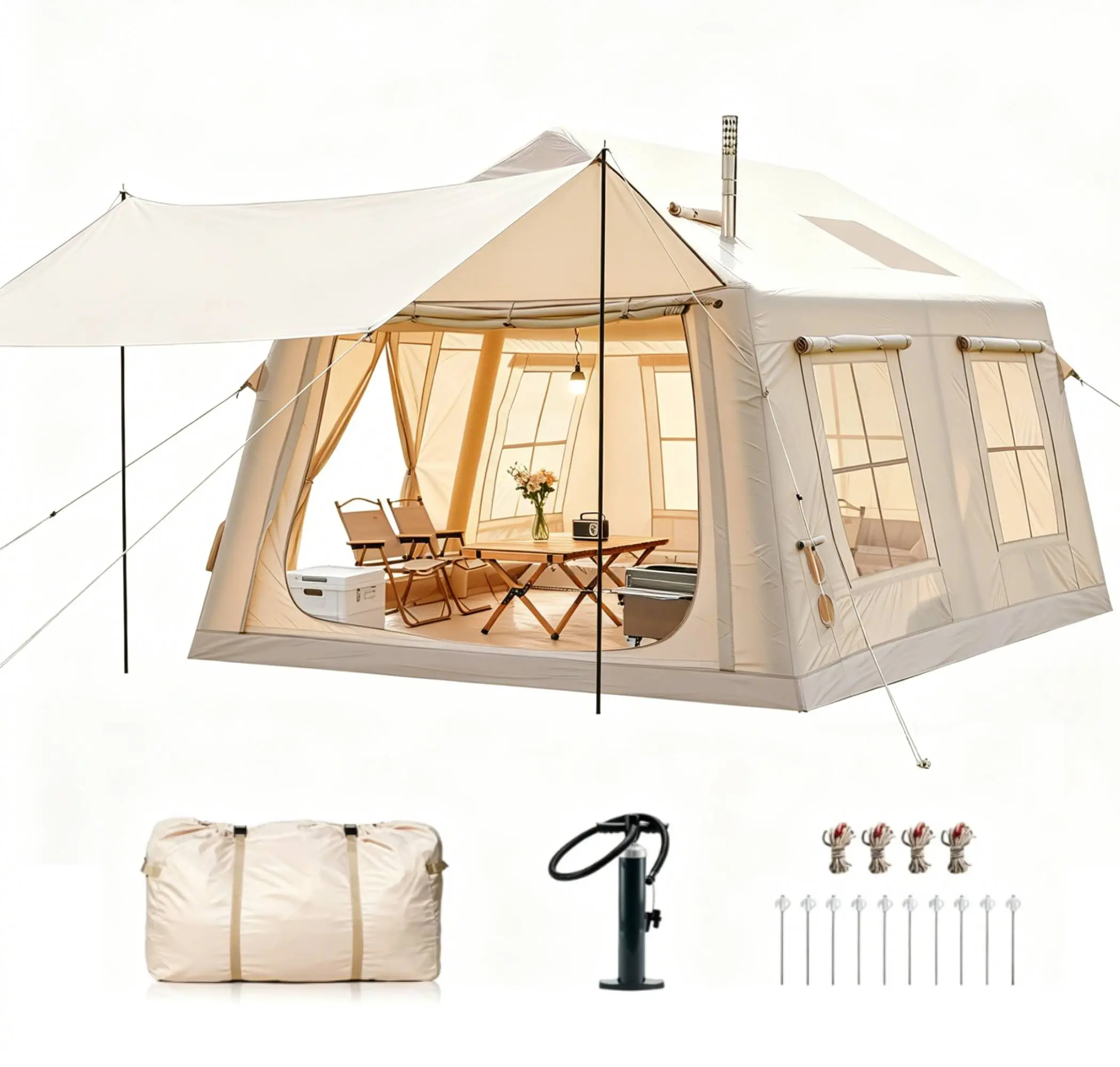 Docred 8/10/12 Luxury Inflatable Tents with a Canopy, Blow Up Tent with Hand Pump, Easy Setup Camping Tent with Stove Jack, Waterproof Oxford Air Glamping Tents for Family Camping, Travel