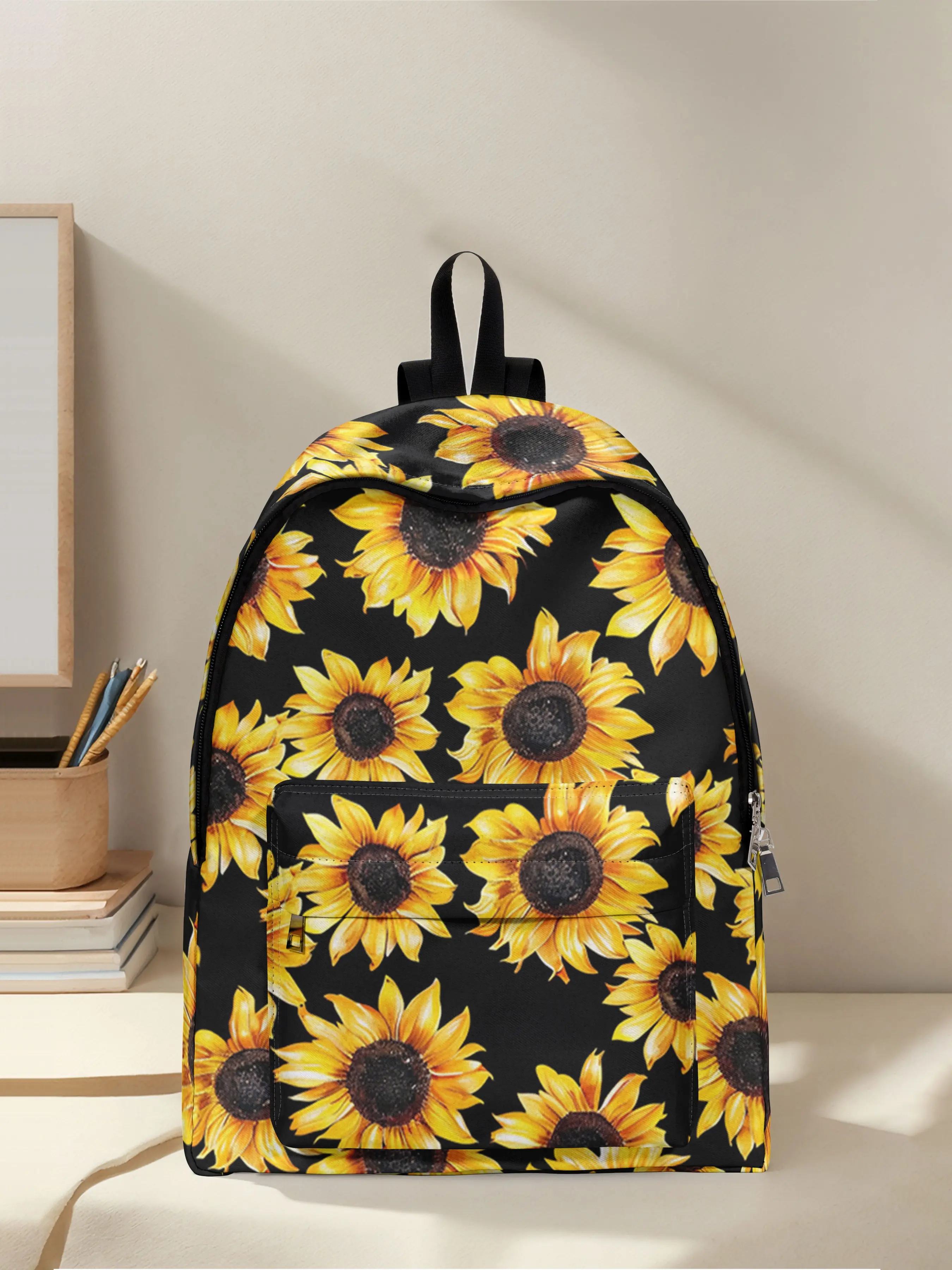 Sunflower Print Backpack, Fun Design, Fashionable Look, Spacious Storage, Ideal for School, Travel, Business Trips, All Seasons Use