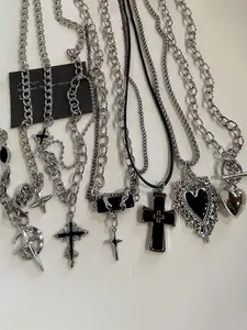 Punk Trendy Cross Star Heart Pendant Necklace Set, Hip Hop Street Style Unisex Couple Design, Perfect for Party Vacation Daily Wear, Fashionable Jewelry Accessories