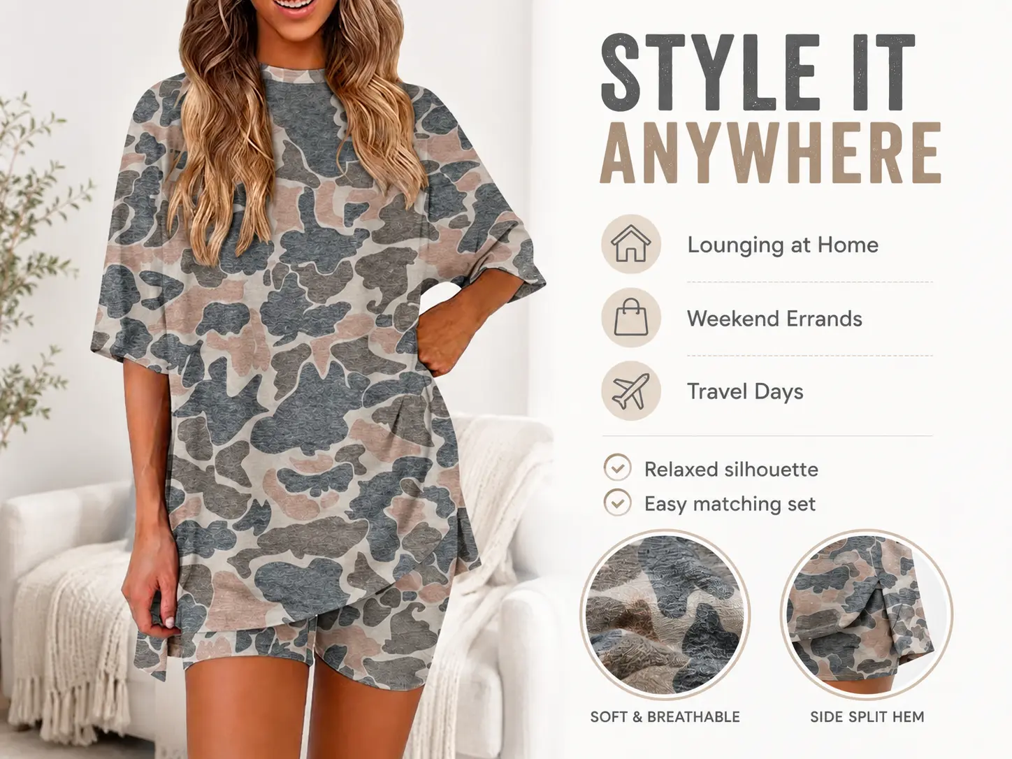 Camouflage Crewneck Two-Piece Set for Women Summer Casual Oversized Split Hem Shirts and Side Pocket Leggings Shorts Minimalist Loungewear Soft Double-Sided Brushed Milk Silk Fabric Comfy Homewear Cozy PJs