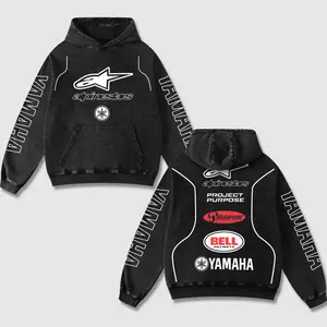 Retro Alpinestar Yamaha Racing Washed Hoodie Bell Helmet AKRAPOVIC MotoGP World Champion Enthusiast Apparel Streetwear Akrapovic Shoei Helmet Racing Team Super Motorsports Clothing Riders Motocross Off-Road Dirt Bike Fan Gear Cotton For Moto Fan