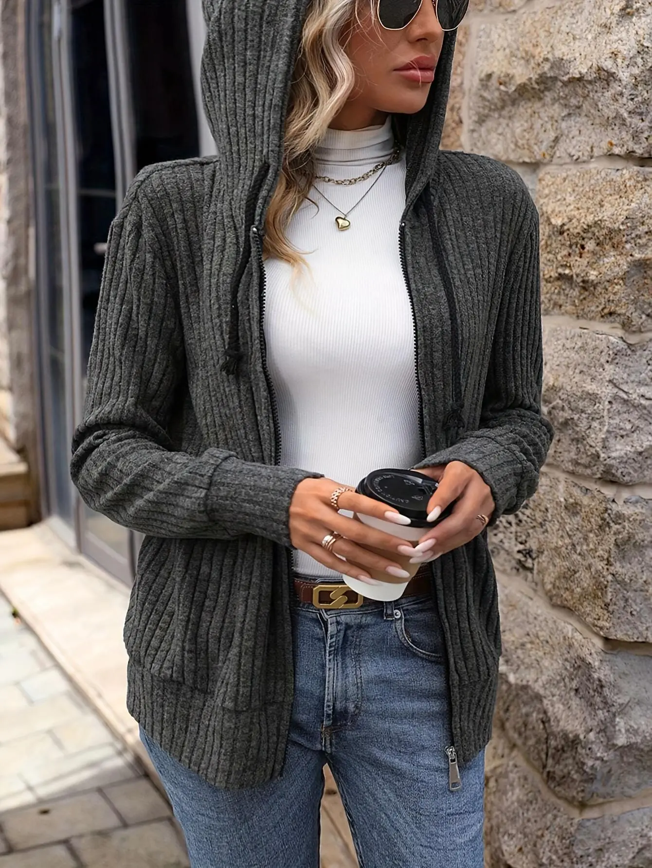 Women's Plus Size Ribbed Knit Hooded Sweatshirt - Casual Skinny Fit Polyester Zip-Up Cardigan with Zipper, Comfortable Long Sleeve Style Tops for Fall (Pair with Leggings), Knitwear, Fitted, Fabric, Drawstring, Basic, Longsleeves, Cardigan For Women, Laye