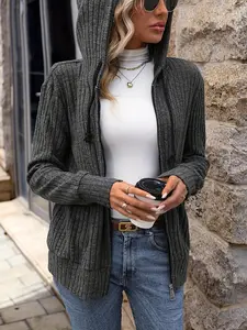 Women's Plus Size Fitted Hooded Knitwear Sweatshirt - Basic Piece, Comfortable Ribbed Polyester Fabric, Zipper, Drawstring, Long Sleeves, Solid Color Fashion Jacket for Autumn Winter, Matches Blouse, Skinny Jeans, Leggings, Ideal for School