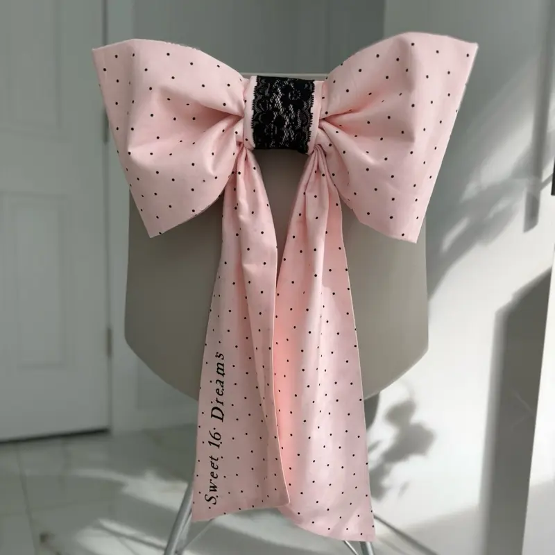 Pink & Polka Dot Oversized Chair Bow for Pajama Party Decoration 16x23" Soft Cotton with Optional Personalization +$20 up to 5 words for Birthday Baby Shower Spa Party - Gift