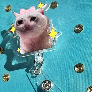 Cute Crying Cat Meme Pink Coquette Bow Sparkly Retractable Badge Reel Aesthetic Epoxy Resin ID Holder For Nurse Teacher Girl Gift Accessory