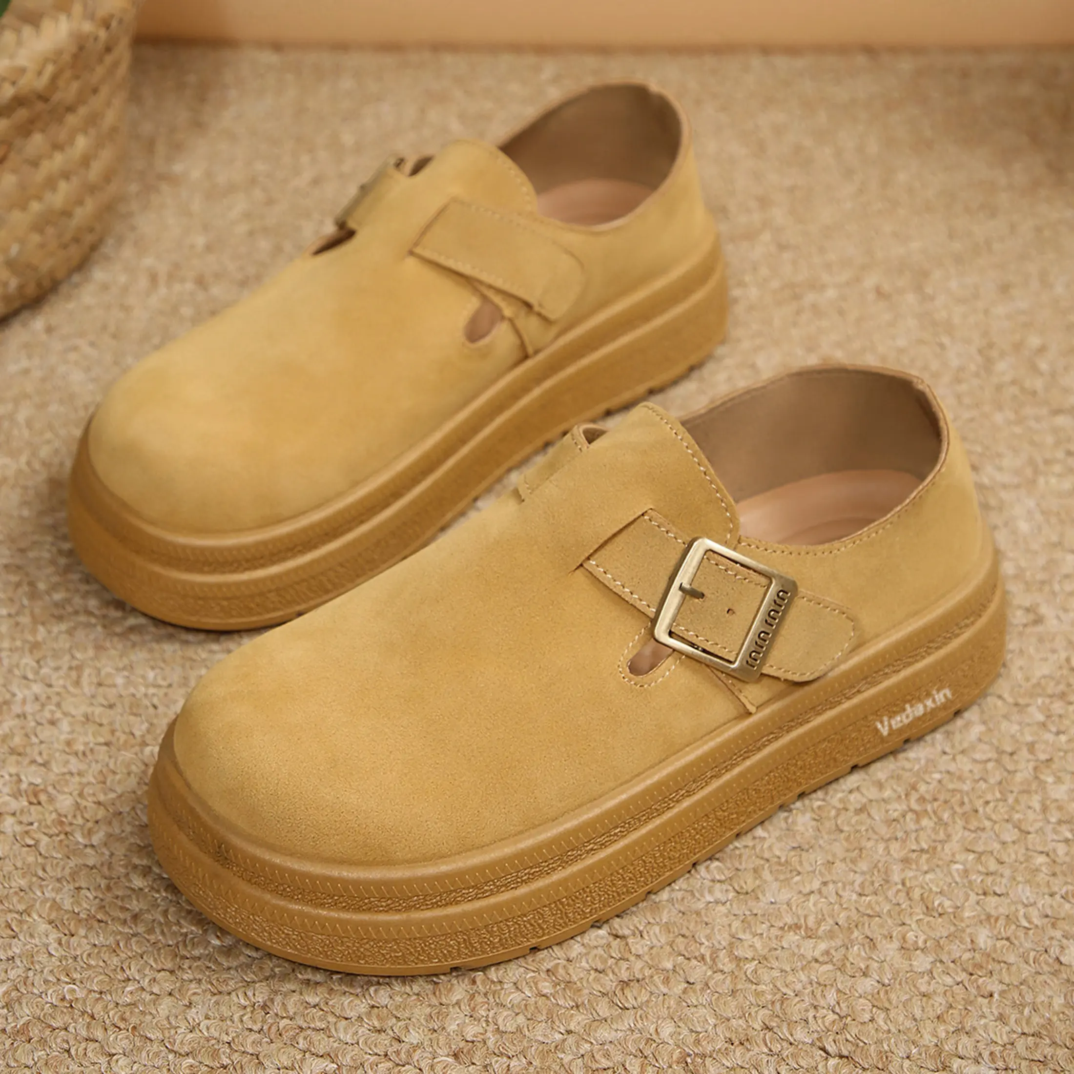 Women's Loafers Vintage Camel Suede Buckle Clogs Potato Shoes Casual Chunky Platform Shoes