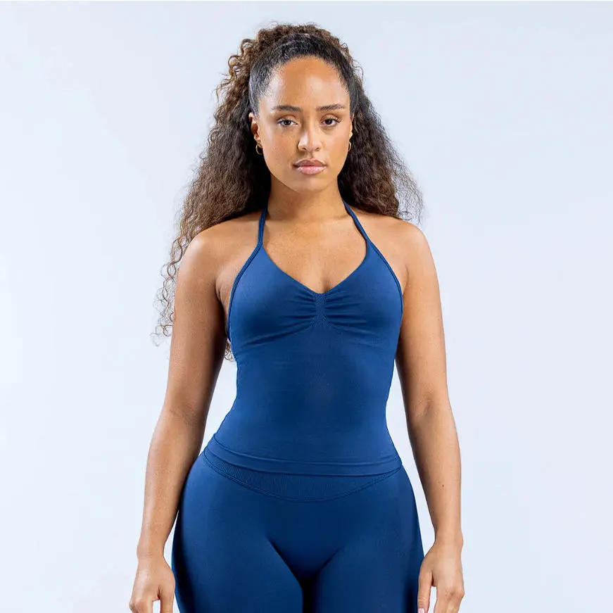 Women Halter Ruched Bust Yoga Bodysuit Seamless Tummy Control Butt Lifting Compression One Piece Workout Romper High Stretch Quick Dry Sleeveless Athletic Onesie for Gym Pilates Training
