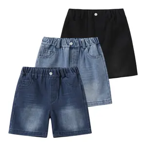 3-piece girls' summer fashion Joker solid color denim shorts with buttons elastic waist casual and comfortable girls' shorts summer solid color simple casual pants