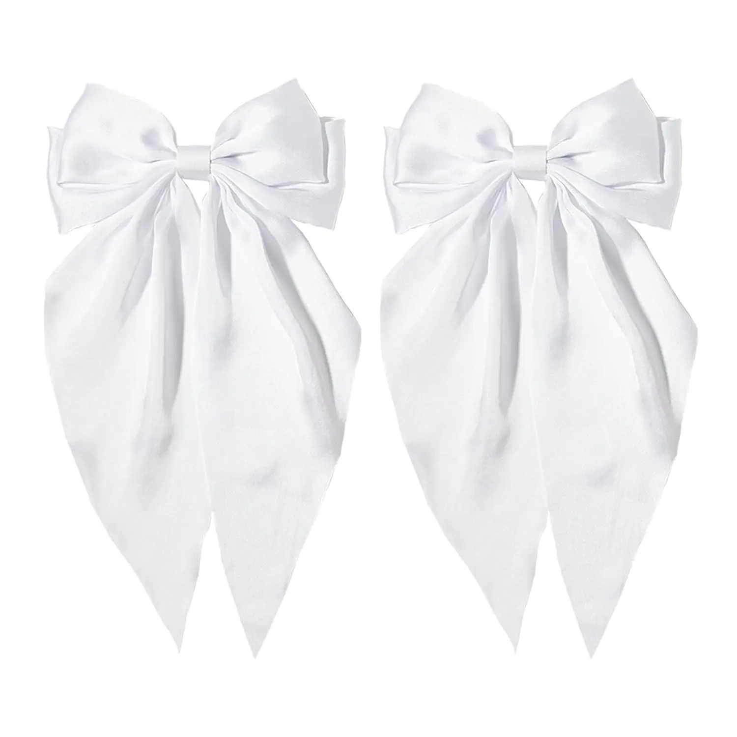 White Hair Bow for Women-  Pack of 2 Satin Big White Bow Hair Clip for Girls Long Ribbon  Clip Hair Barrettes for Women,Hair Pieces Bridal Wedding Accessories