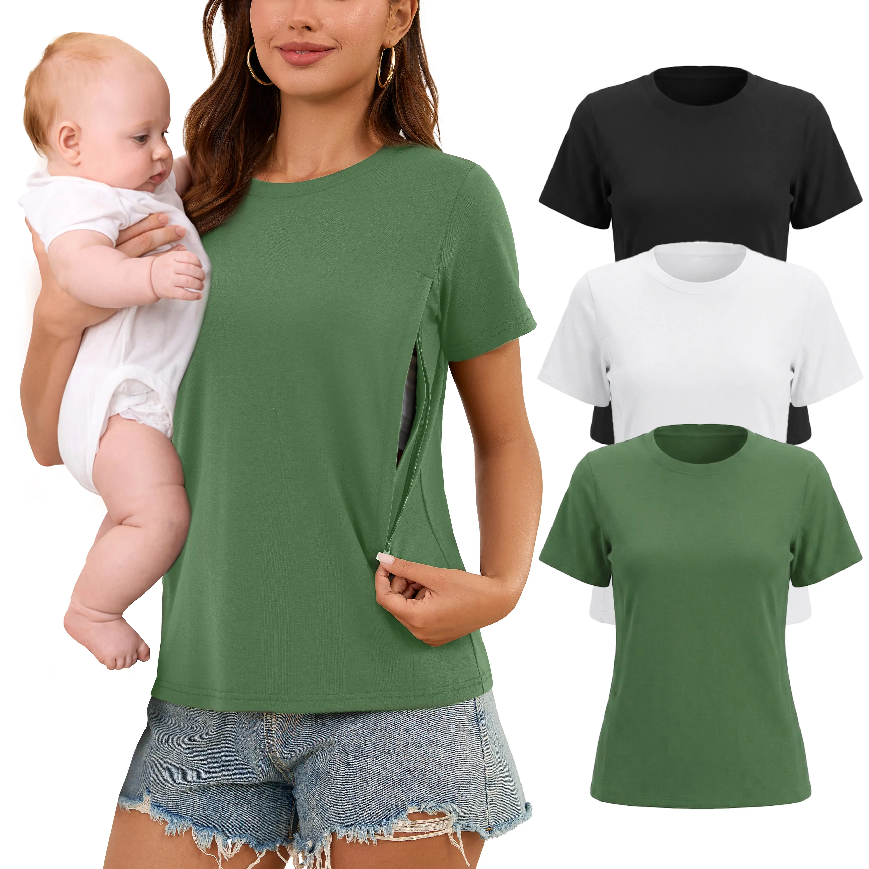 ECAVUS One-Handed Zipper Nursing Shirts for Breastfeeding - 3 Pack Women's Short Sleeve Nursing Tops Round Neck Maternity Top