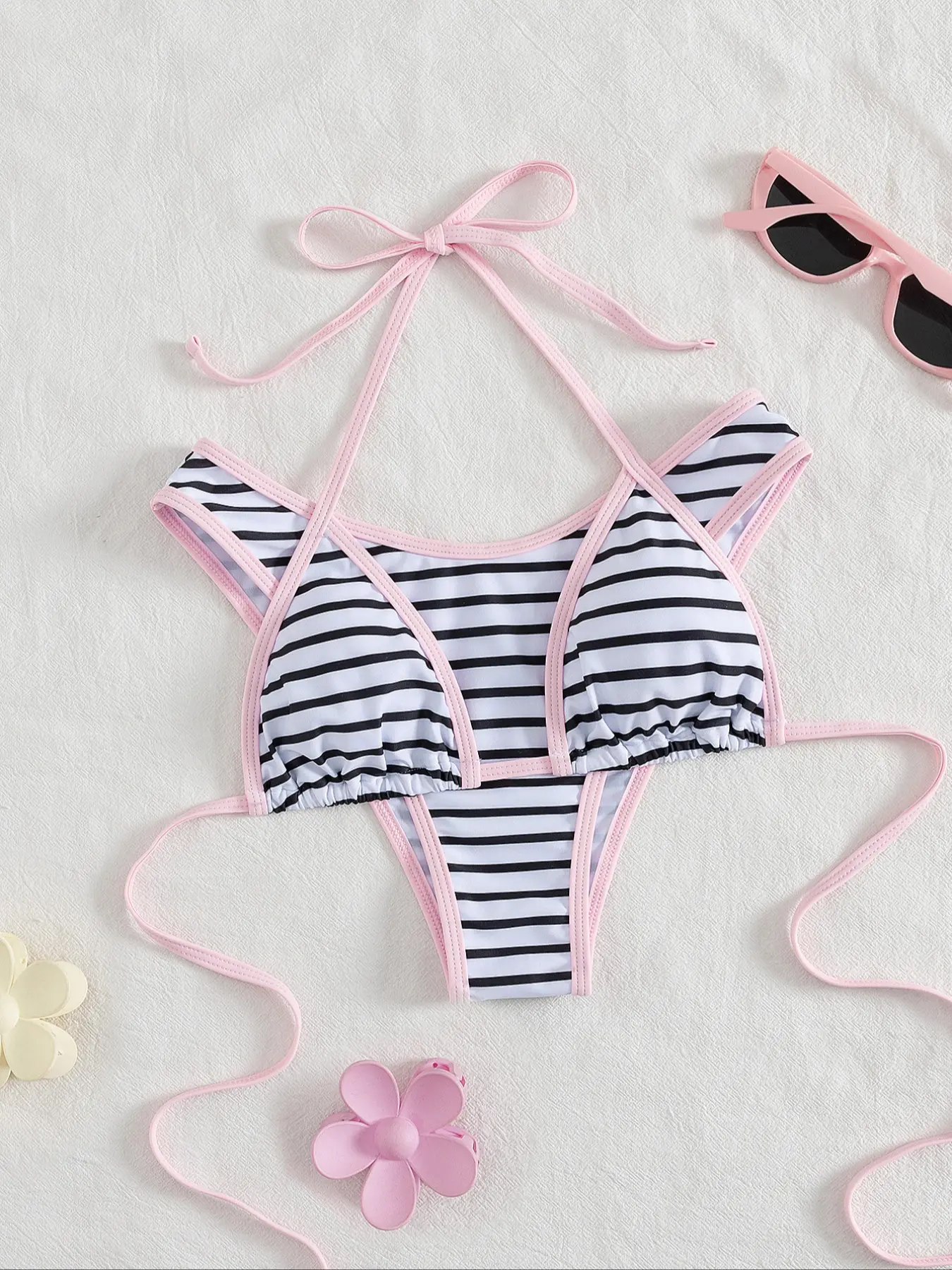 Ladies' swimwear, sexy and fashionable, black and white two-piece Striped Swimsuits, summer beach, Stripe Bikini, bikini set, Swimsuit For Beach, Bikini Beachwear