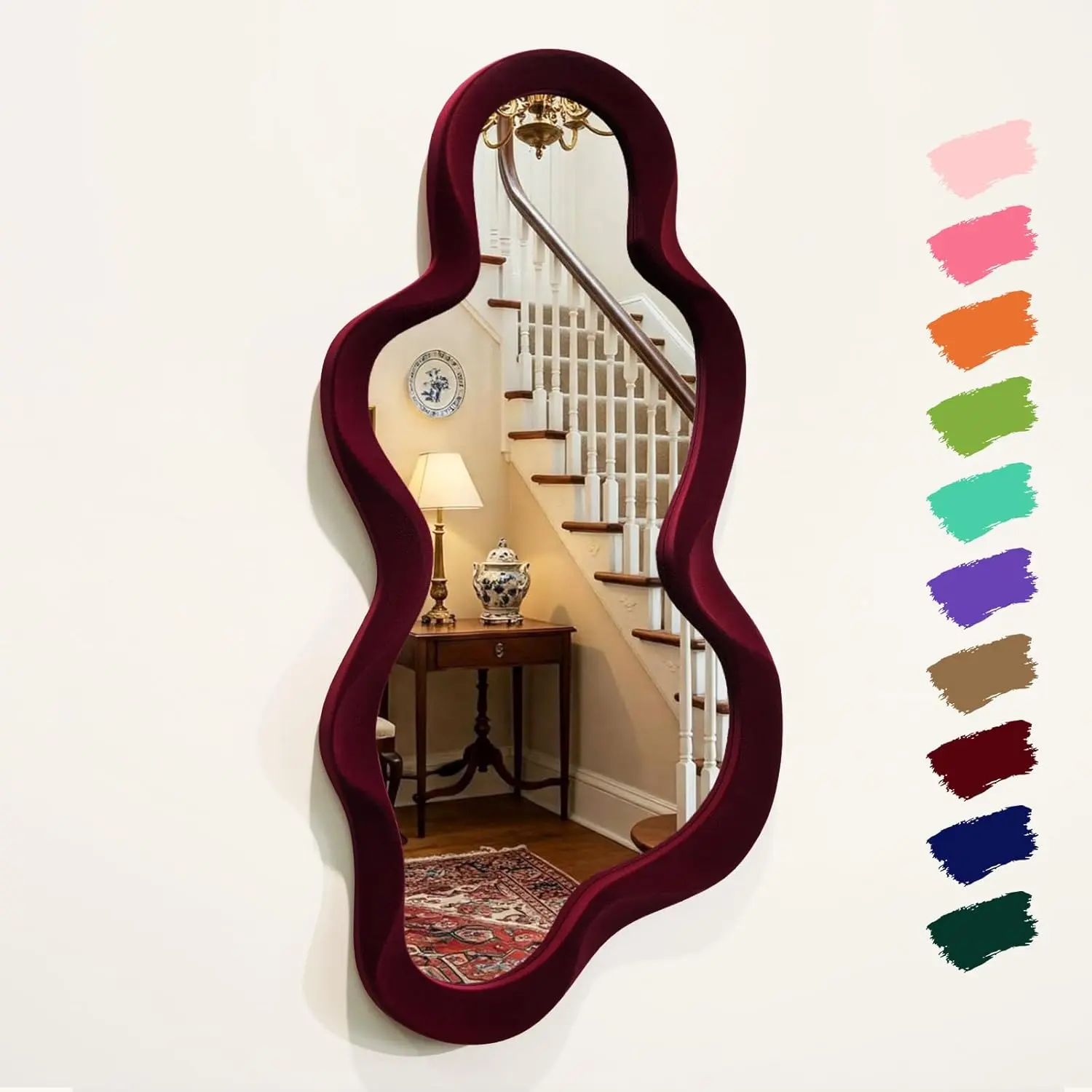 Mirror Wall Decor for Vintage Living Room Bedroom, 13.8x29.7 Asymmetrical Decorative Mirror for Entryway Porch Staircase, Retro Modern Hanging Wall Art Gift for Christmas Wedding (Wine Red)