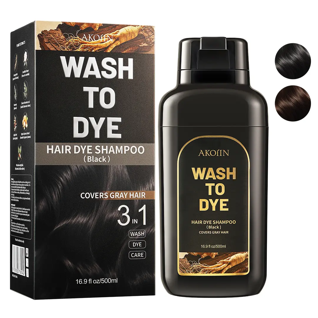 AKOIIN 3-in-1 Herbal Hair Dye Shampoo, Semi-Permanent Hair Color with 100% Gray Coverage, Long-Lasting & Frizz-Free Haircare for Men and Women, 500ml, Root Cover Up, Plant Extracts